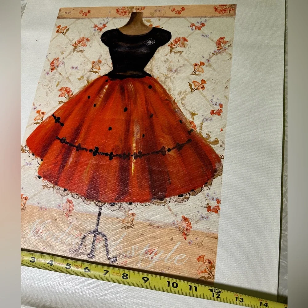 Printed Art on canvas Boutique Dress Red and Black against Vintage Wallpaper‎